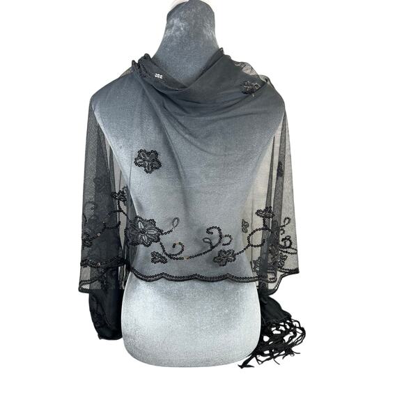 Whimsygoth- Black Semi Sheer Shawl- Tassel- sequin floral design- preowned - Picture 3 of 8